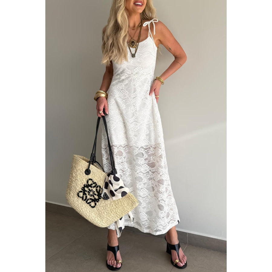 White Tie Spaghetti Straps Floral Lace Overlay Long Dress White / S / 88% Polyamide + 12% Elastane Dresses/Maxi Dresses