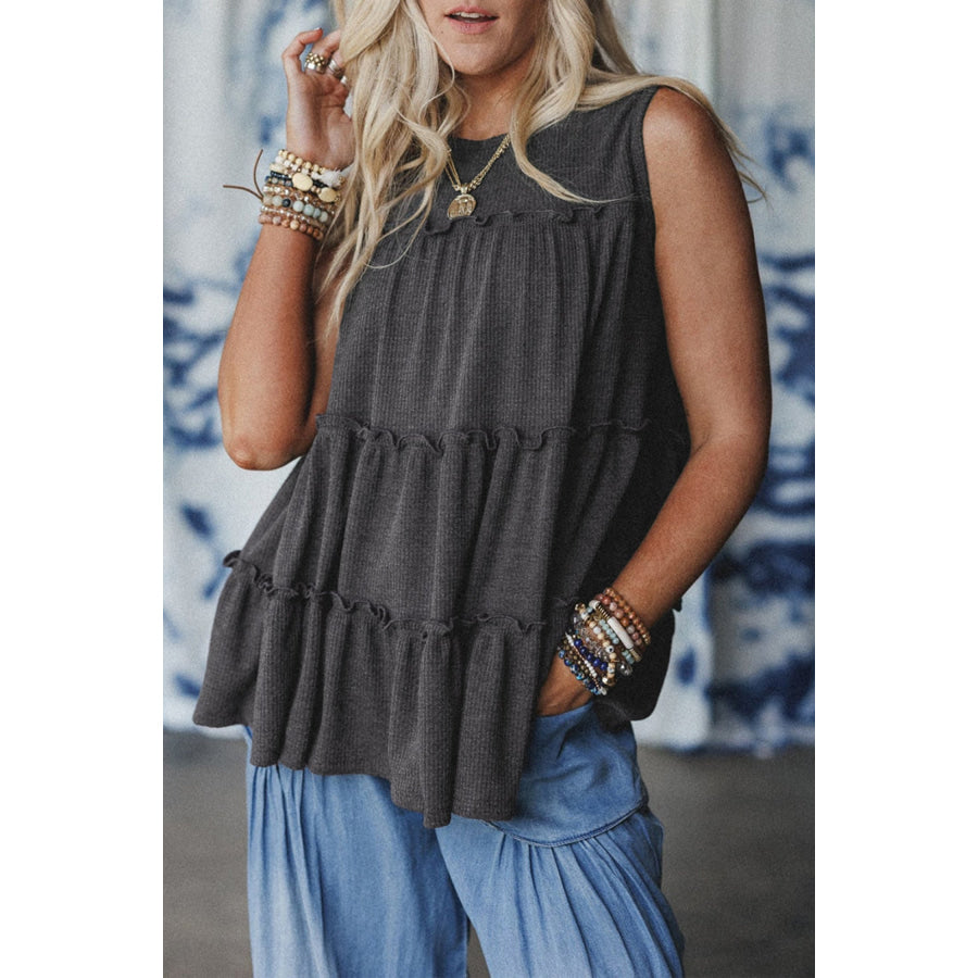 White Tiered Frill Trim A-line Tank Top Dark Grey / S / 97% Polyester + 3% Elastane Tops/Tank Tops