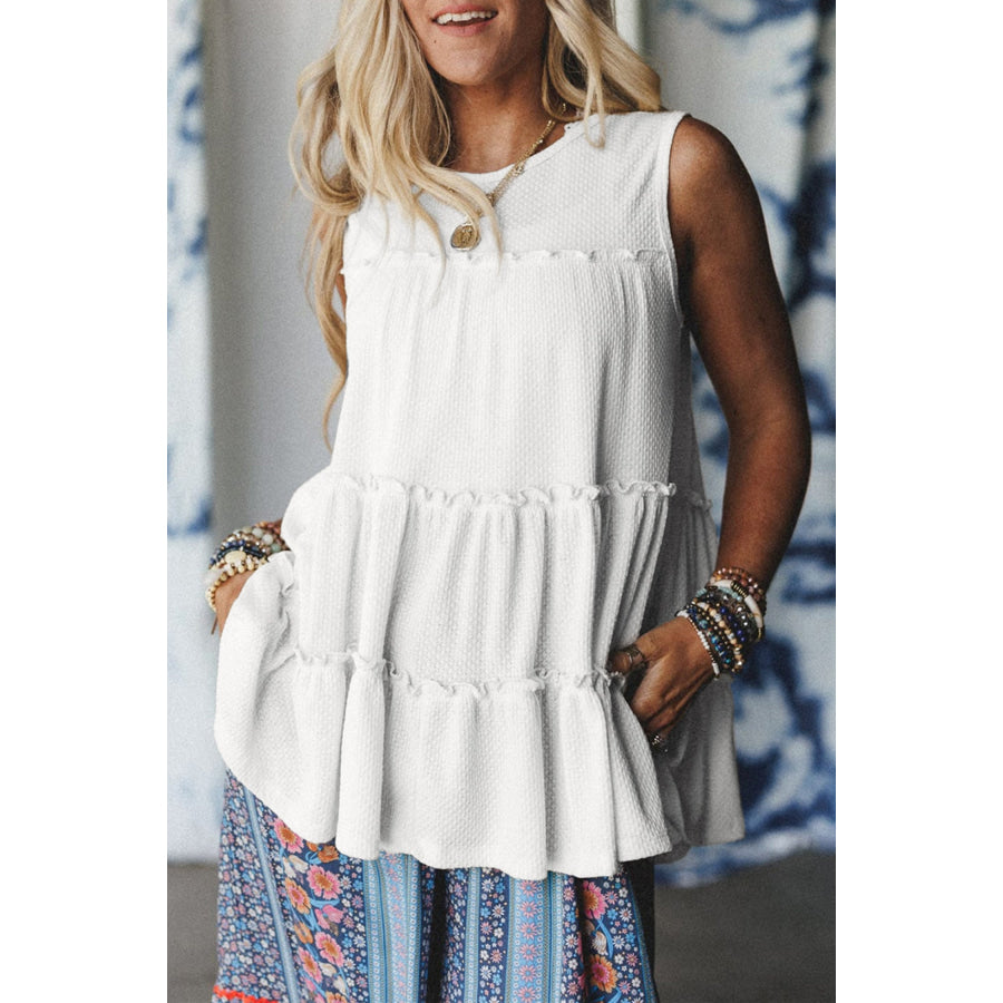 White Tiered Frill Trim A-line Tank Top White / S / 97% Polyester + 3% Elastane Tops/Tank Tops