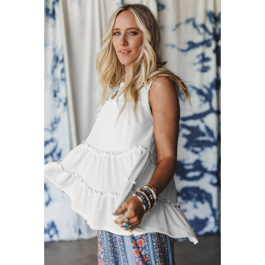 White Tiered Frill Trim A-line Tank Top Tops/Tank Tops