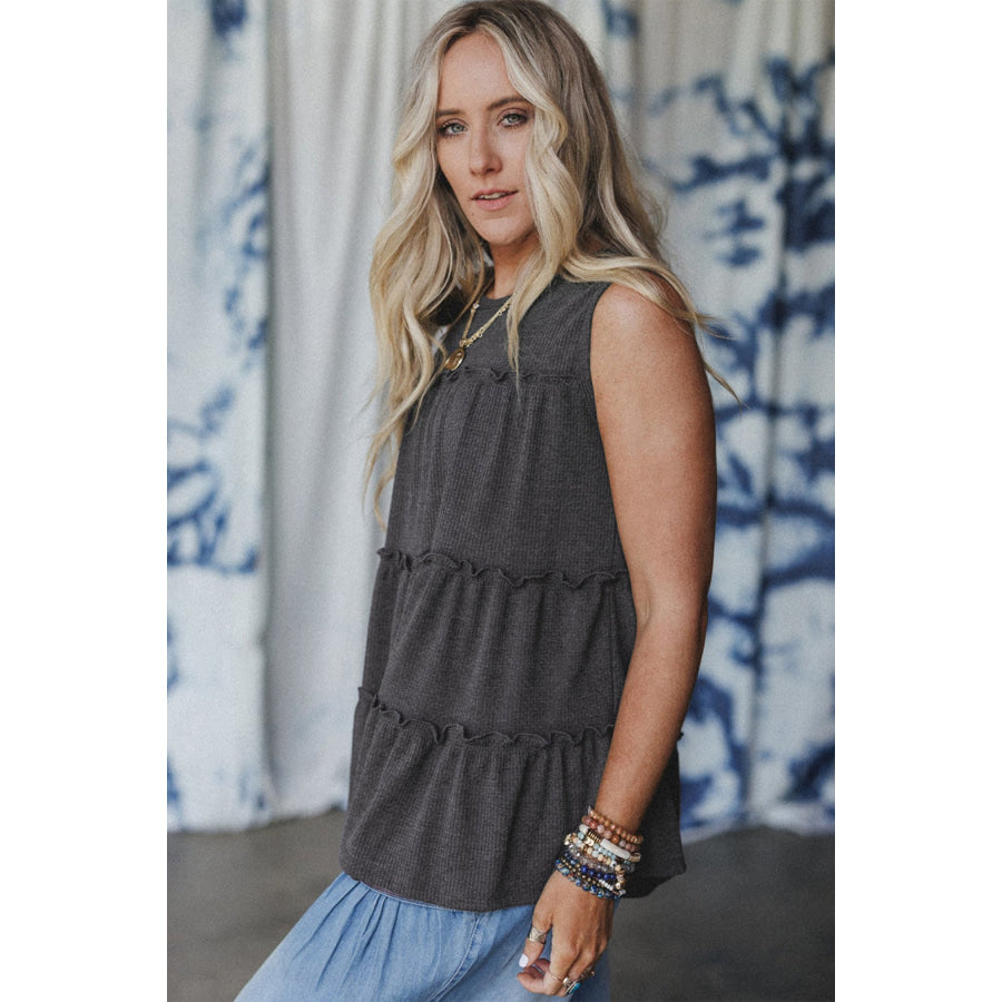 White Tiered Frill Trim A-line Tank Top Tops/Tank Tops