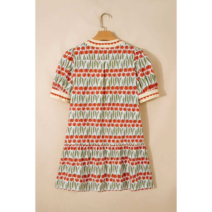 White Tulip Floral Print Cotton Puff Short Sleeve Mini Dress Dresses/Floral Dresses