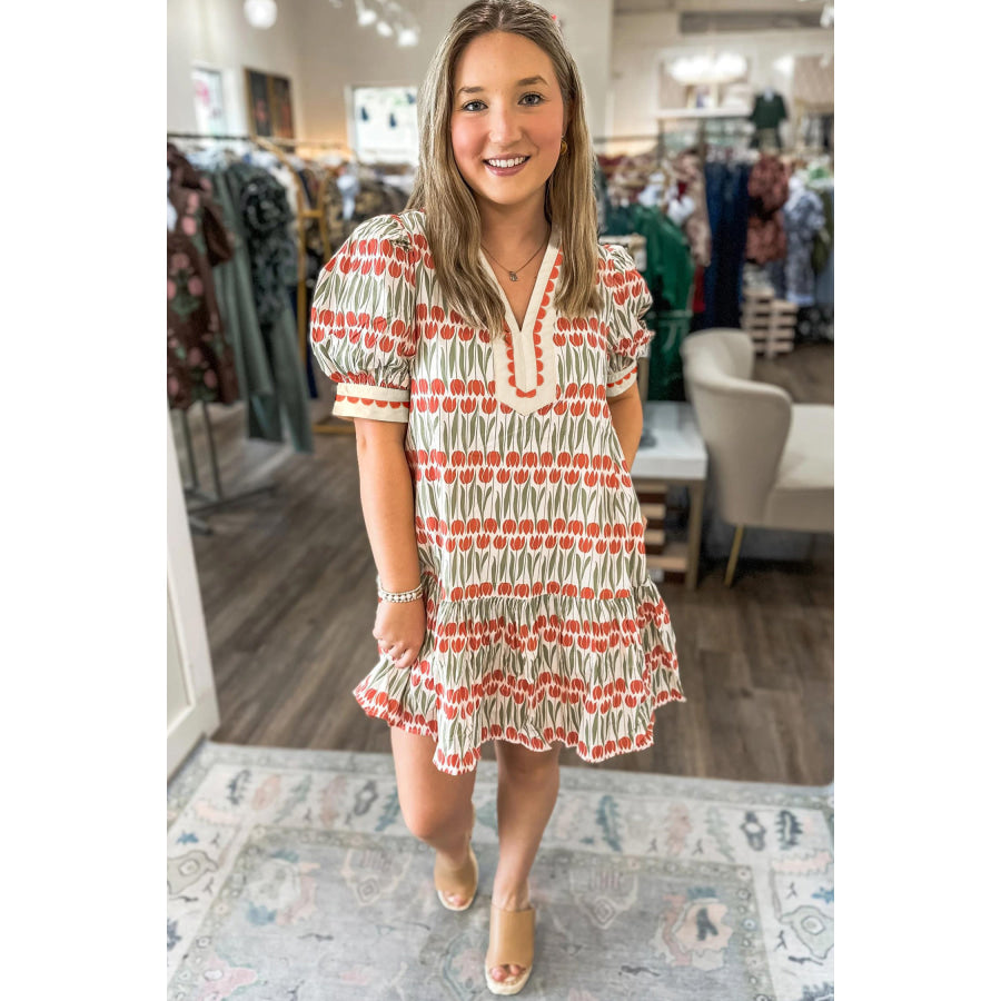 White Tulip Floral Print Cotton Puff Short Sleeve Mini Dress Dresses/Floral Dresses