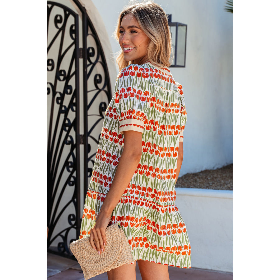 White Tulip Floral Print Cotton Puff Short Sleeve Mini Dress Dresses/Floral Dresses