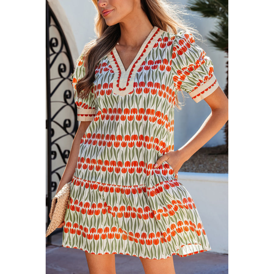 White Tulip Floral Print Cotton Puff Short Sleeve Mini Dress Dresses/Floral Dresses