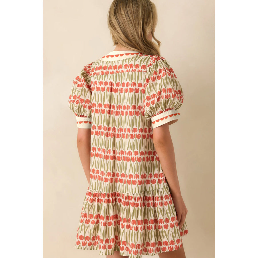 White Tulip Floral Print Cotton Puff Short Sleeve Mini Dress Dresses/Floral Dresses