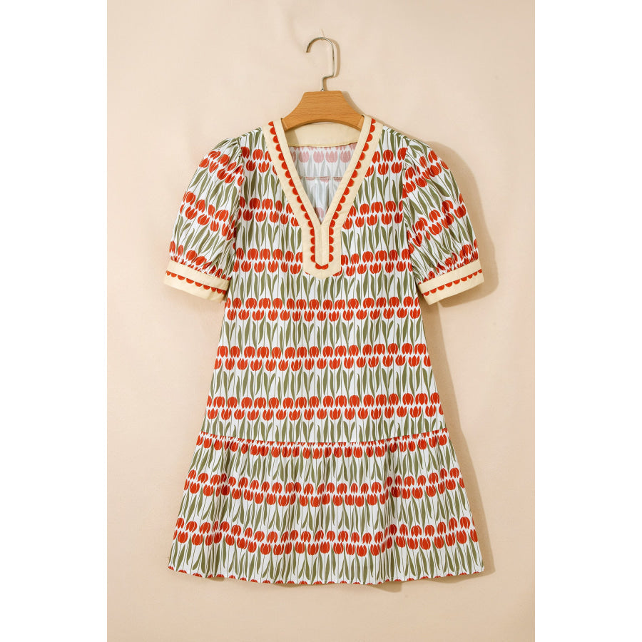 White Tulip Floral Print Cotton Puff Short Sleeve Mini Dress Dresses/Floral Dresses