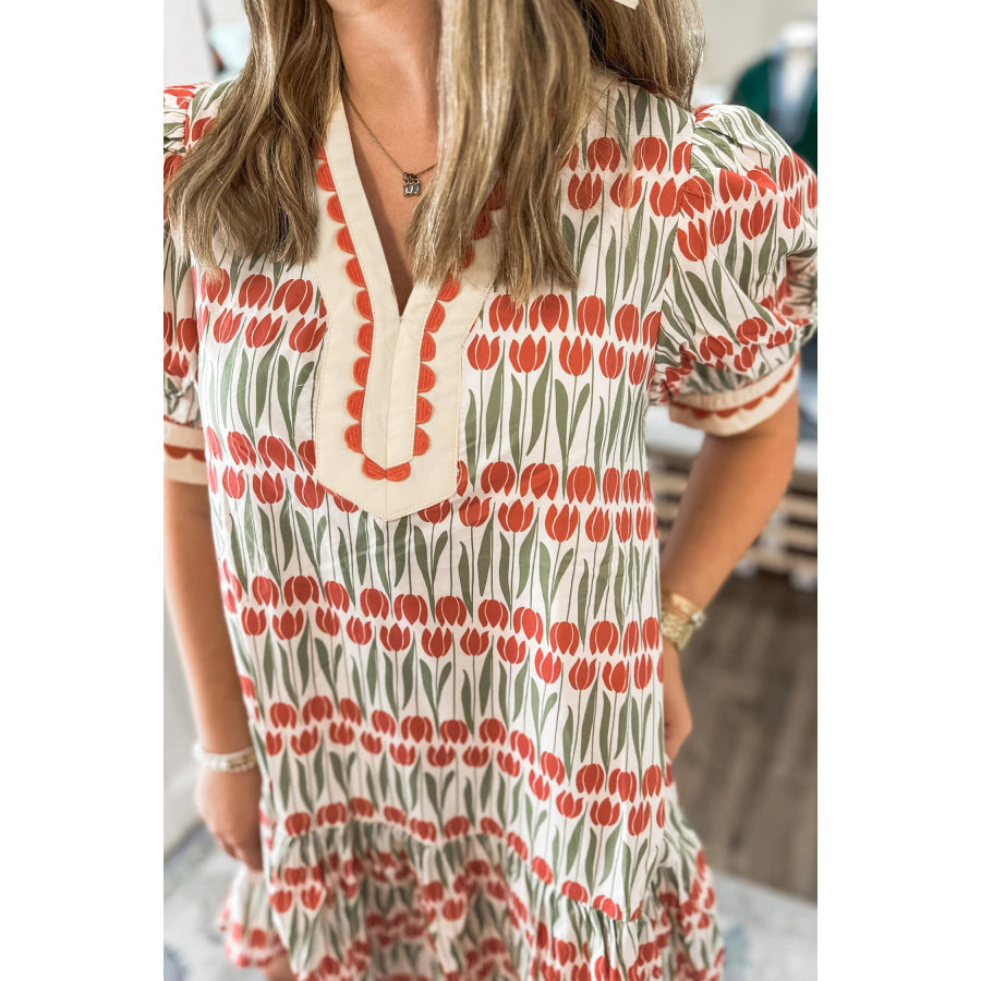 White Tulip Floral Print Cotton Puff Short Sleeve Mini Dress Dresses/Floral Dresses