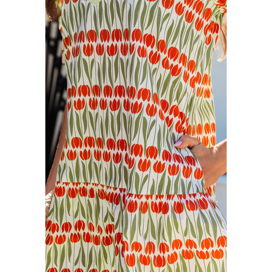 White Tulip Floral Print Cotton Puff Short Sleeve Mini Dress Dresses/Floral Dresses