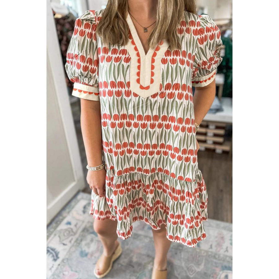 White Tulip Floral Print Cotton Puff Short Sleeve Mini Dress White / S / 100% Cotton Dresses/Floral Dresses