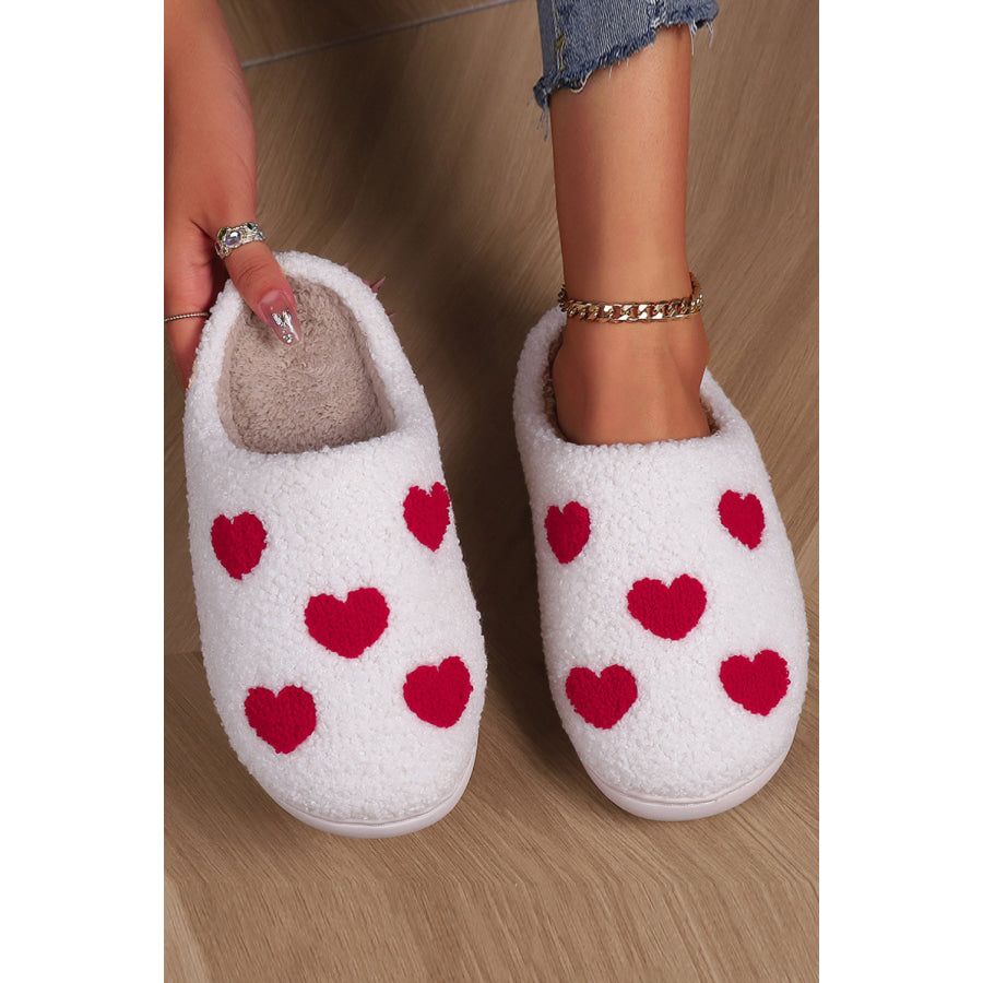 White Valentines Day Hearts Print Plush House Slippers White / 36 / 100% Polyester + 100% TPR Shoes &amp; Bags/Slippers