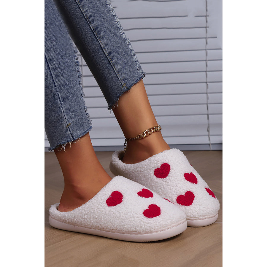 White Valentines Day Hearts Print Plush House Slippers Shoes &amp; Bags/Slippers