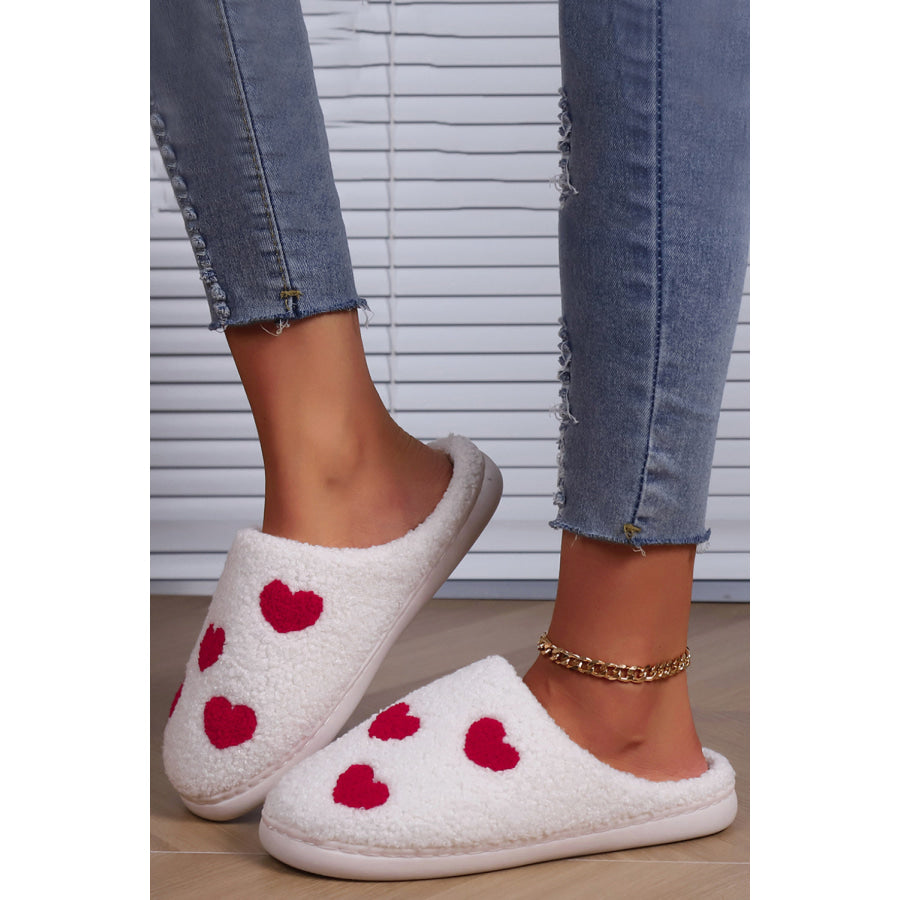 White Valentines Day Hearts Print Plush House Slippers Shoes &amp; Bags/Slippers