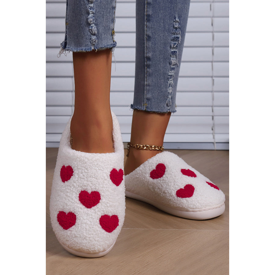 White Valentines Day Hearts Print Plush House Slippers Shoes &amp; Bags/Slippers