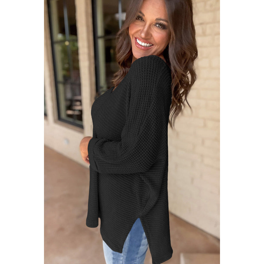 White Waffle Knit Side Slits Loose Fit V Neck Top Tops/Long Sleeve Tops