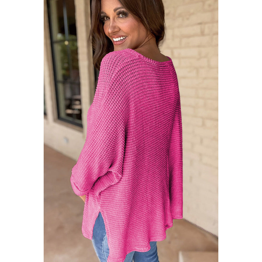 White Waffle Knit Side Slits Loose Fit V Neck Top Tops/Long Sleeve Tops