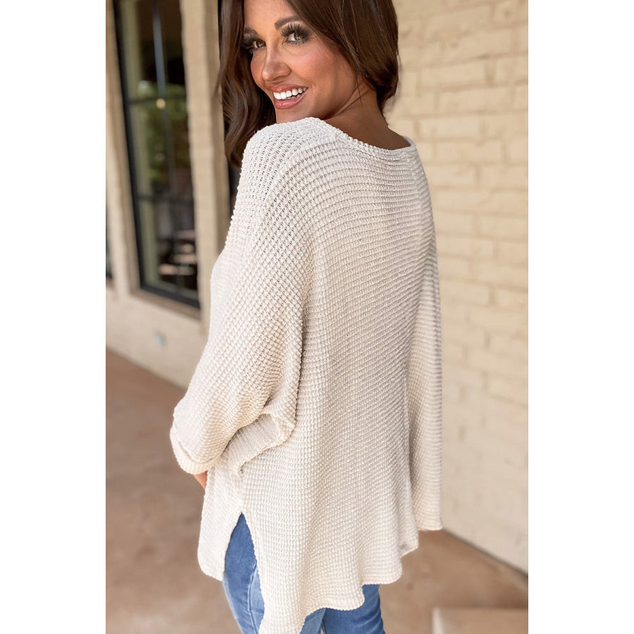 White Waffle Knit Side Slits Loose Fit V Neck Top Tops/Long Sleeve Tops