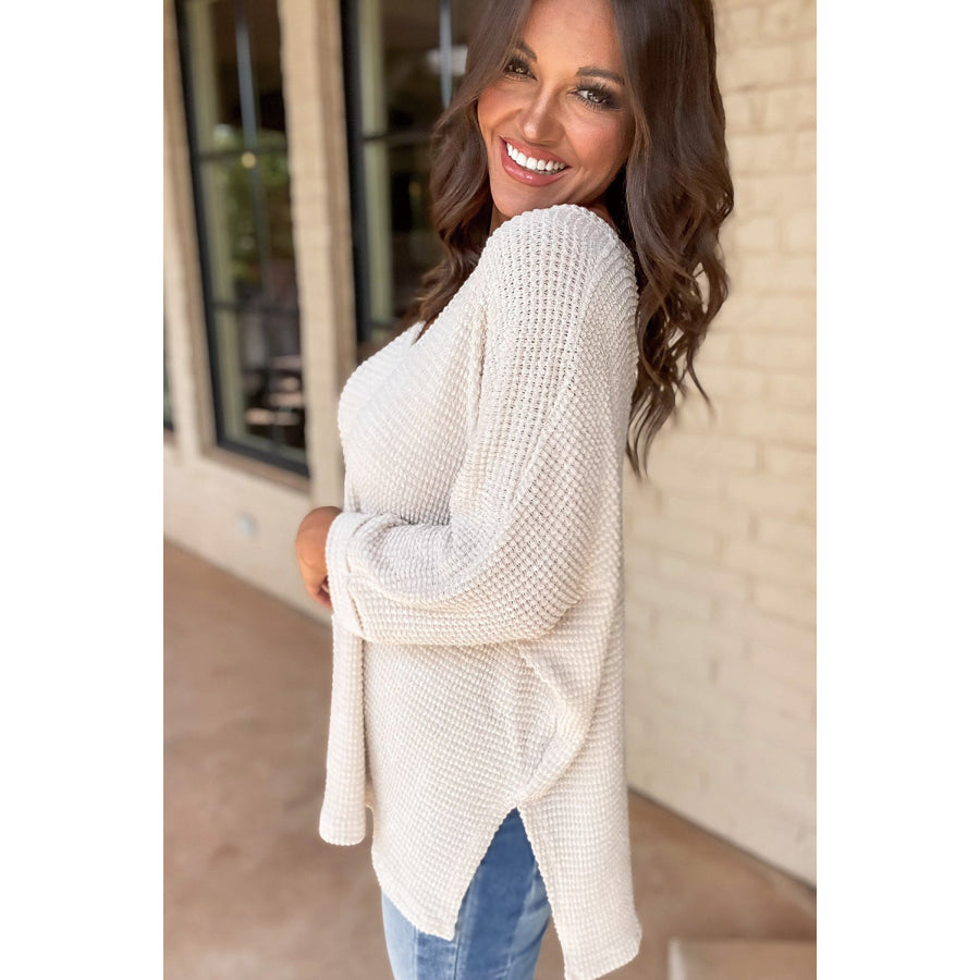 White Waffle Knit Side Slits Loose Fit V Neck Top Tops/Long Sleeve Tops