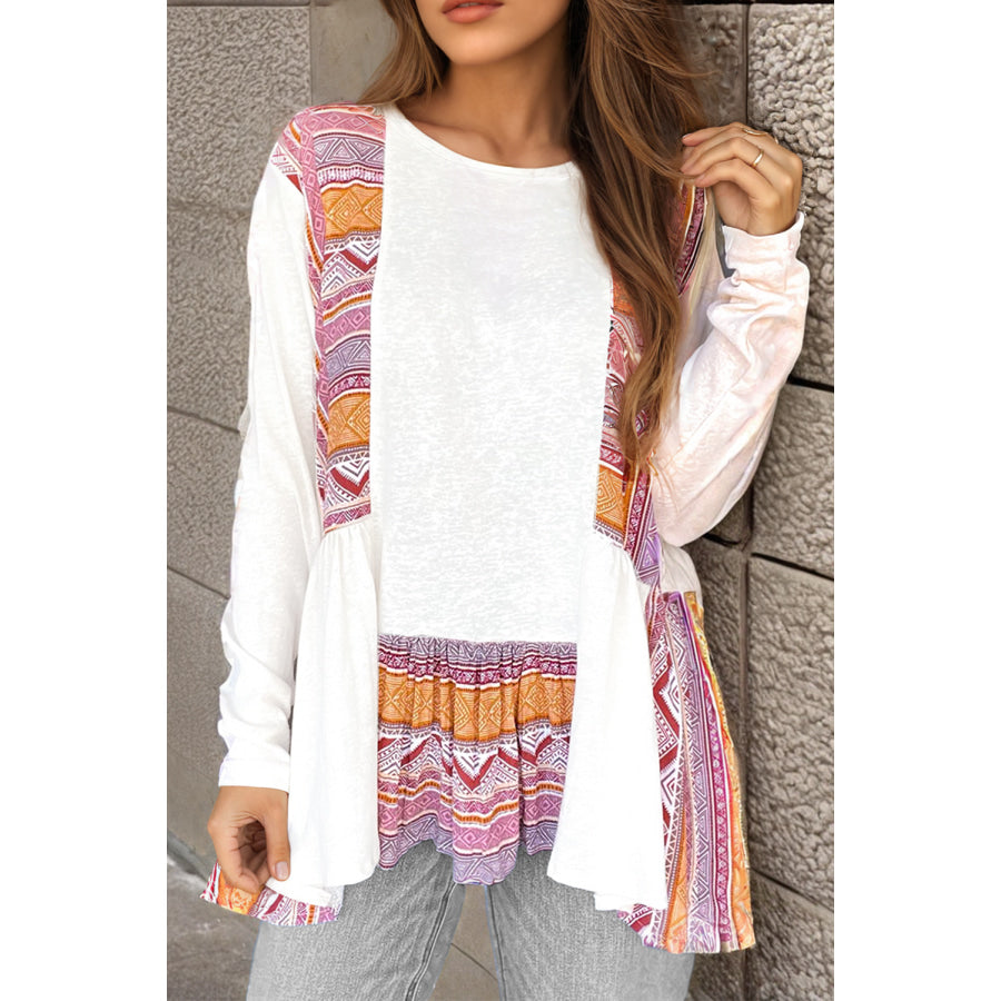 White Western Aztec Print Patchwork Ruffled Tunic Long Sleeve Babydoll Top White / S / 65% Cotton + 35% Polyester Sale (50% OFF)/Sale (50%