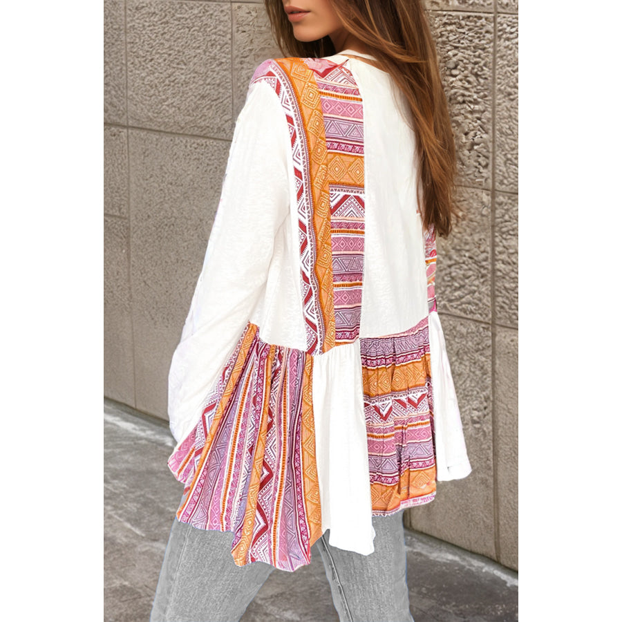 White Western Aztec Print Patchwork Ruffled Tunic Long Sleeve Babydoll Top Sale (50% OFF)/Sale (50% OFF)