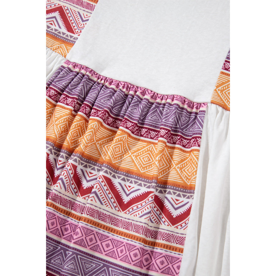 White Western Aztec Print Patchwork Ruffled Tunic Long Sleeve Babydoll Top Sale (50% OFF)/Sale (50% OFF)