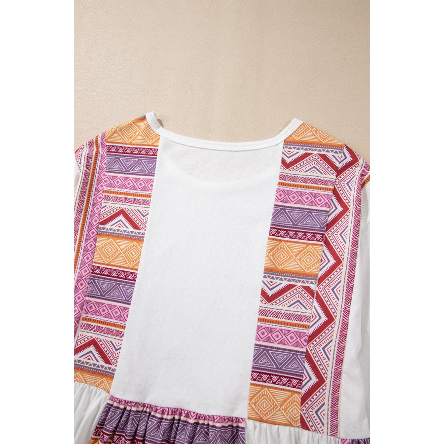 White Western Aztec Print Patchwork Ruffled Tunic Long Sleeve Babydoll Top Sale (50% OFF)/Sale (50% OFF)