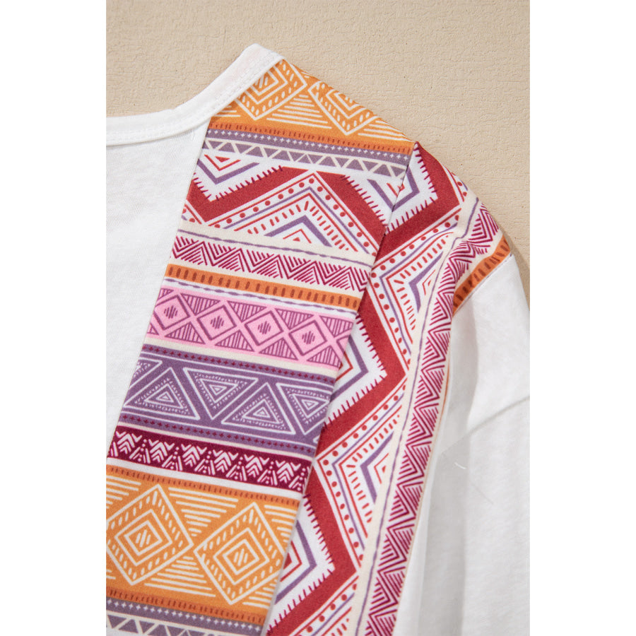 White Western Aztec Print Patchwork Ruffled Tunic Long Sleeve Babydoll Top Sale (50% OFF)/Sale (50% OFF)