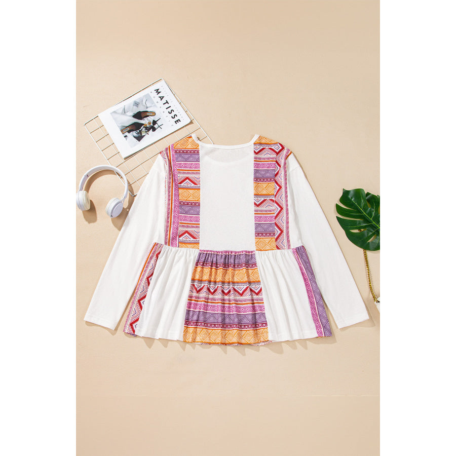 White Western Aztec Print Patchwork Ruffled Tunic Long Sleeve Babydoll Top Sale (50% OFF)/Sale (50% OFF)