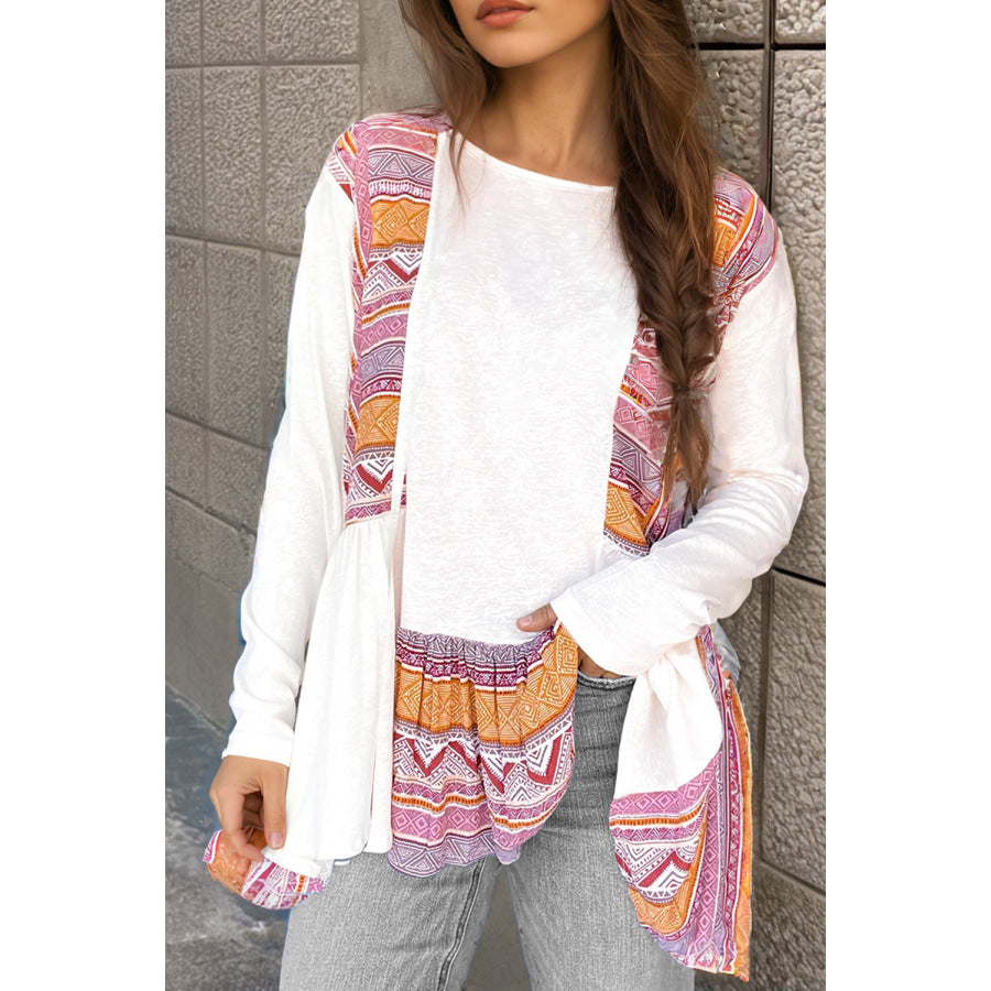 White Western Aztec Print Patchwork Ruffled Tunic Long Sleeve Babydoll Top Sale (50% OFF)/Sale (50% OFF)