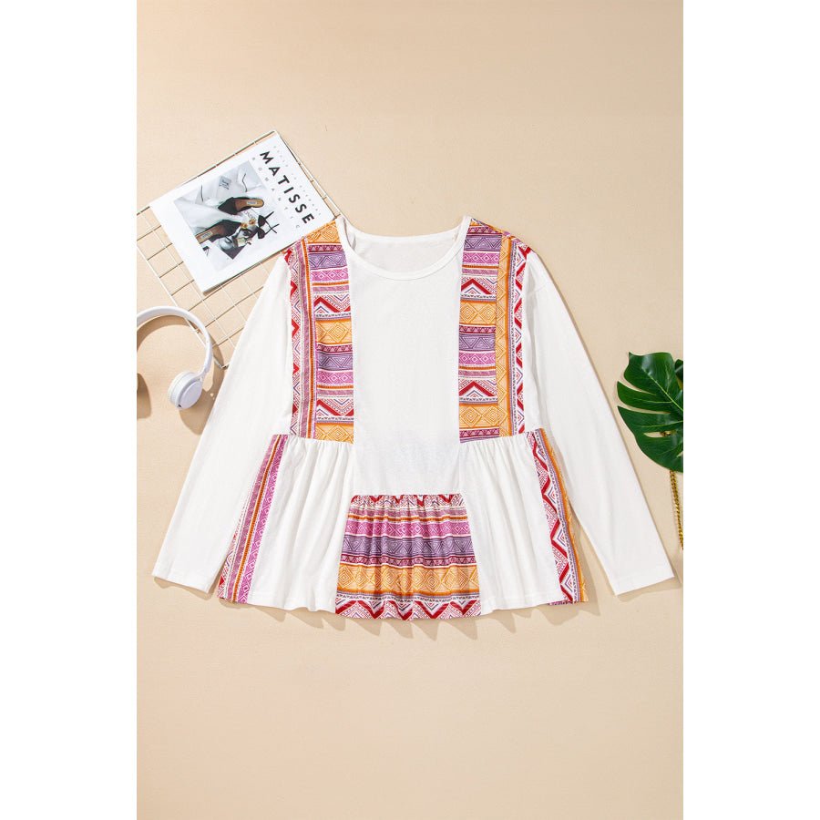 White Western Aztec Print Patchwork Ruffled Tunic Long Sleeve Babydoll Top Sale (50% OFF)/Sale (50% OFF)