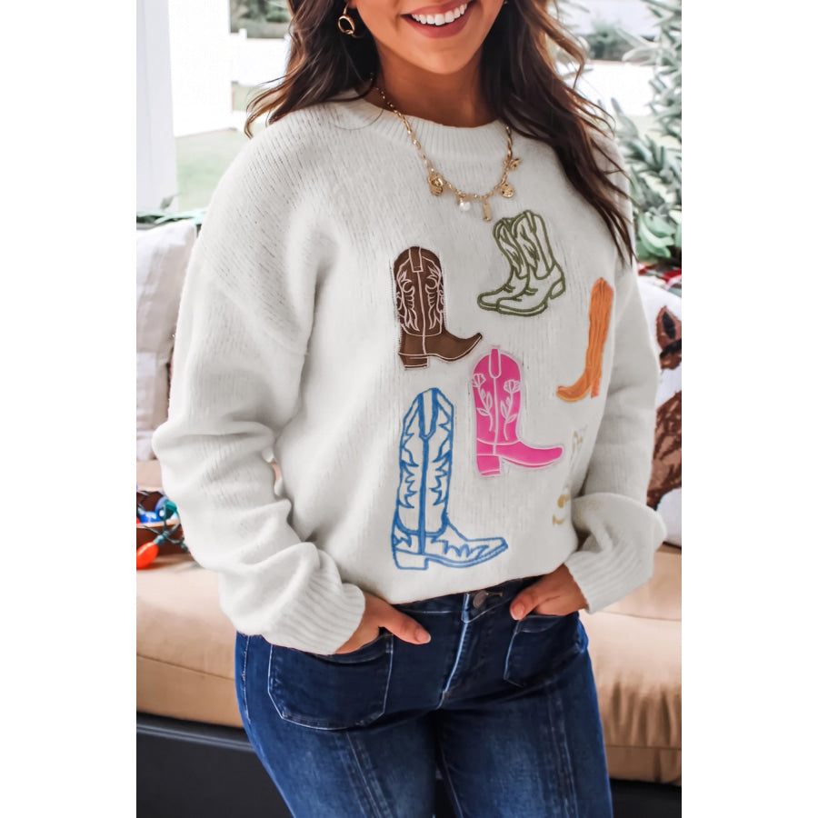 White Western Boots Embroidered Graphic Drop Shoulder Pullover Sweater / S Sweaters & Cardigans/Sweaters