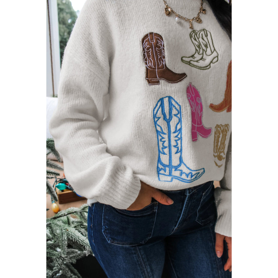 White Western Boots Embroidered Graphic Drop Shoulder Pullover Sweater / S Sweaters & Cardigans/Sweaters