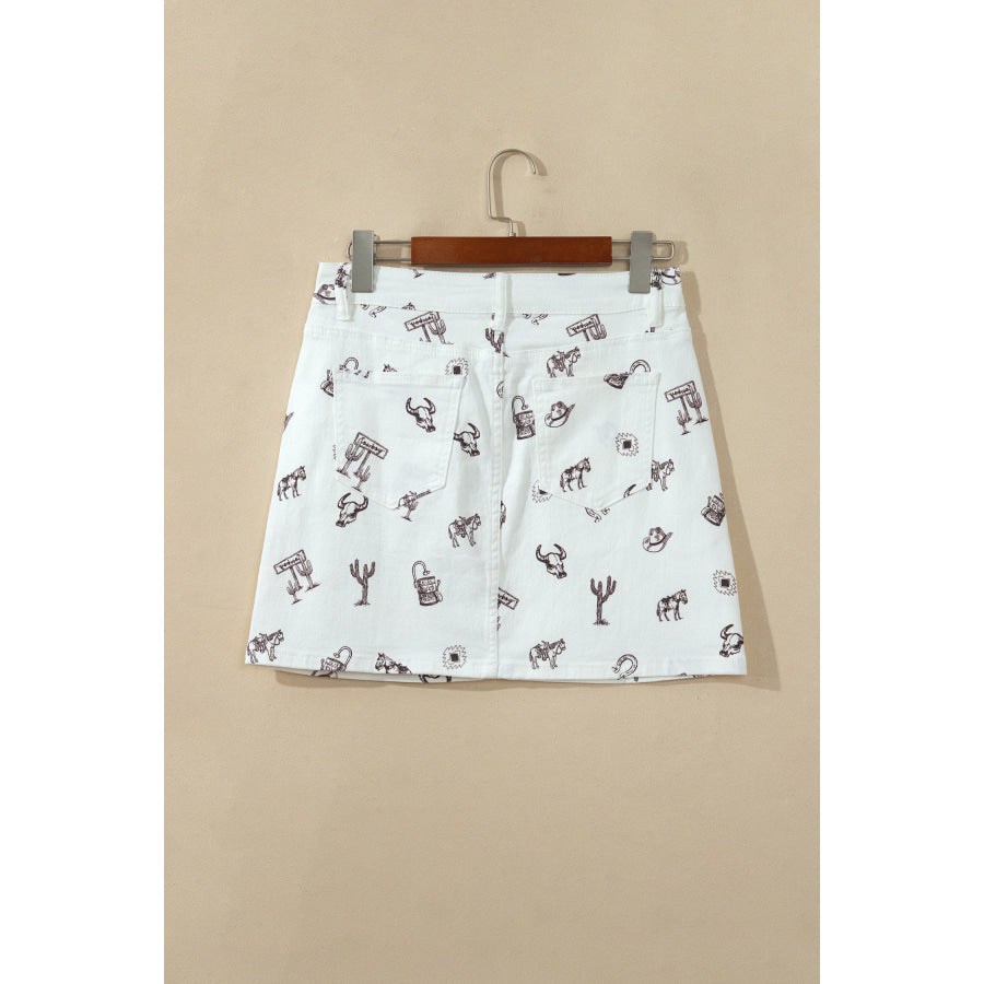White Western Print Cactus Horse Bull Denim Skirt Bottoms/Skirts & Petticoat