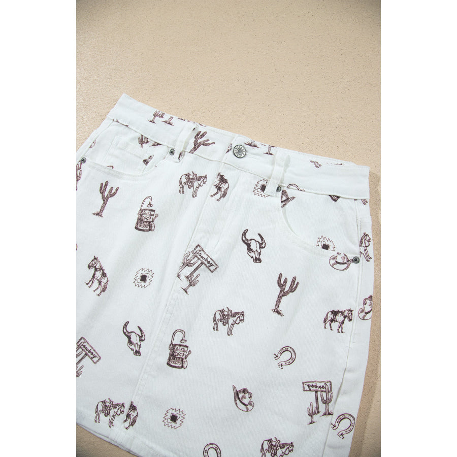 White Western Print Cactus Horse Bull Denim Skirt Bottoms/Skirts & Petticoat