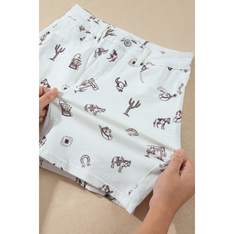 White Western Print Cactus Horse Bull Denim Skirt Bottoms/Skirts & Petticoat