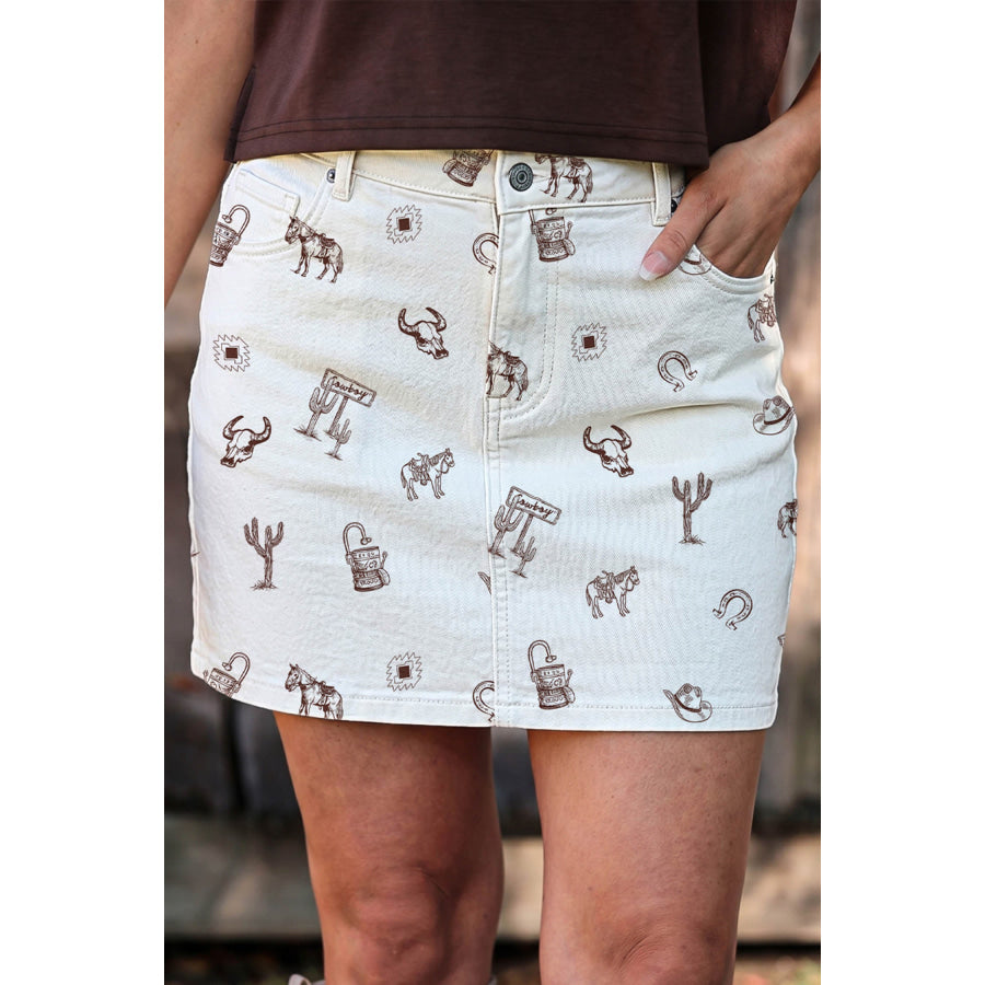 White Western Print Cactus Horse Bull Denim Skirt Bottoms/Skirts & Petticoat
