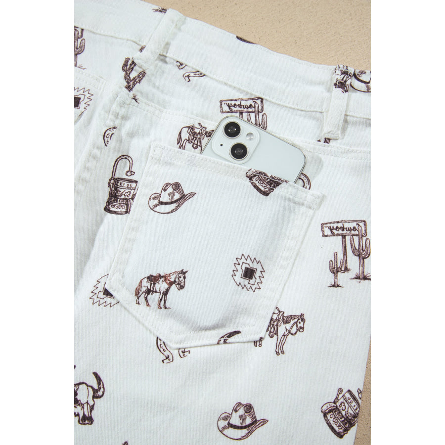 White Western Print Cactus Horse Bull Denim Skirt Bottoms/Skirts & Petticoat