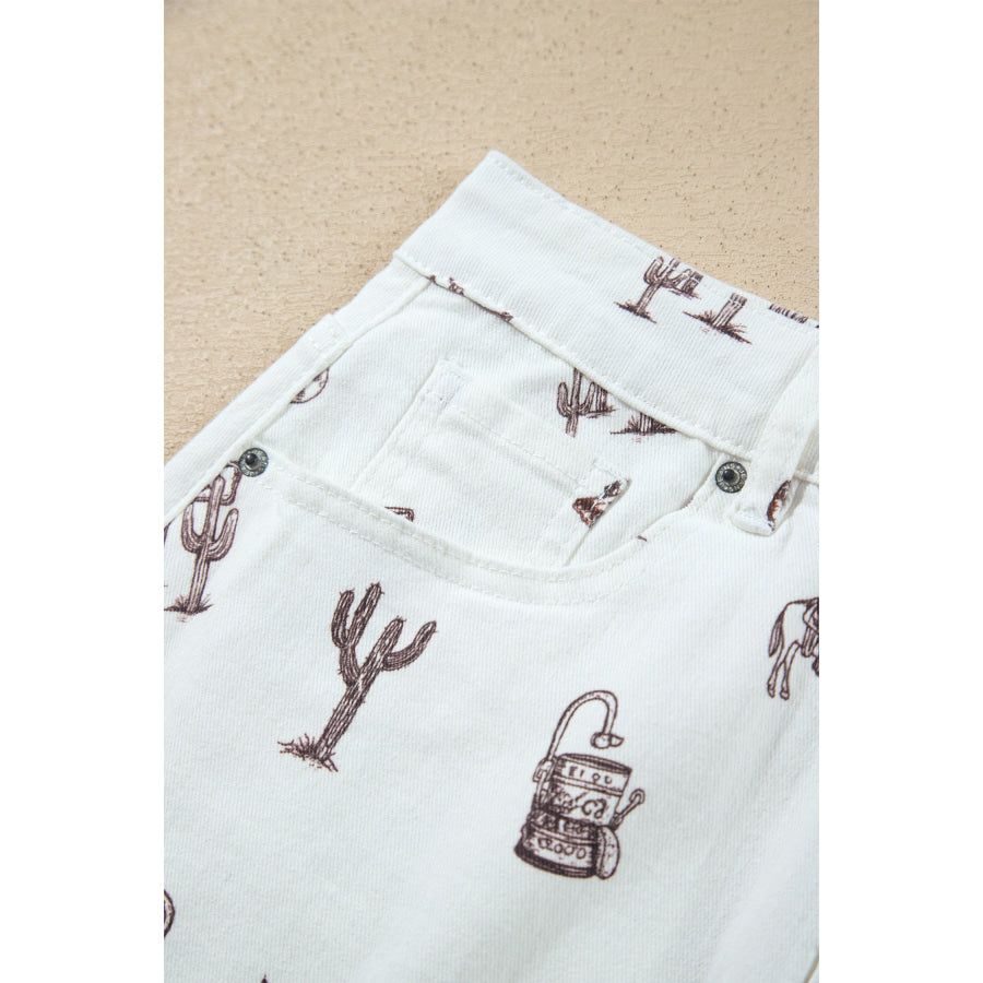 White Western Print Cactus Horse Bull Denim Skirt Bottoms/Skirts & Petticoat