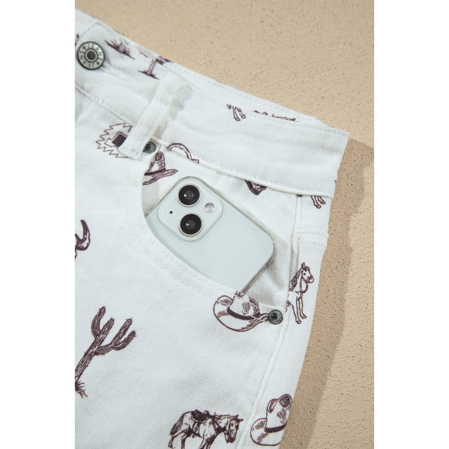 White Western Print Cactus Horse Bull Denim Skirt Bottoms/Skirts & Petticoat
