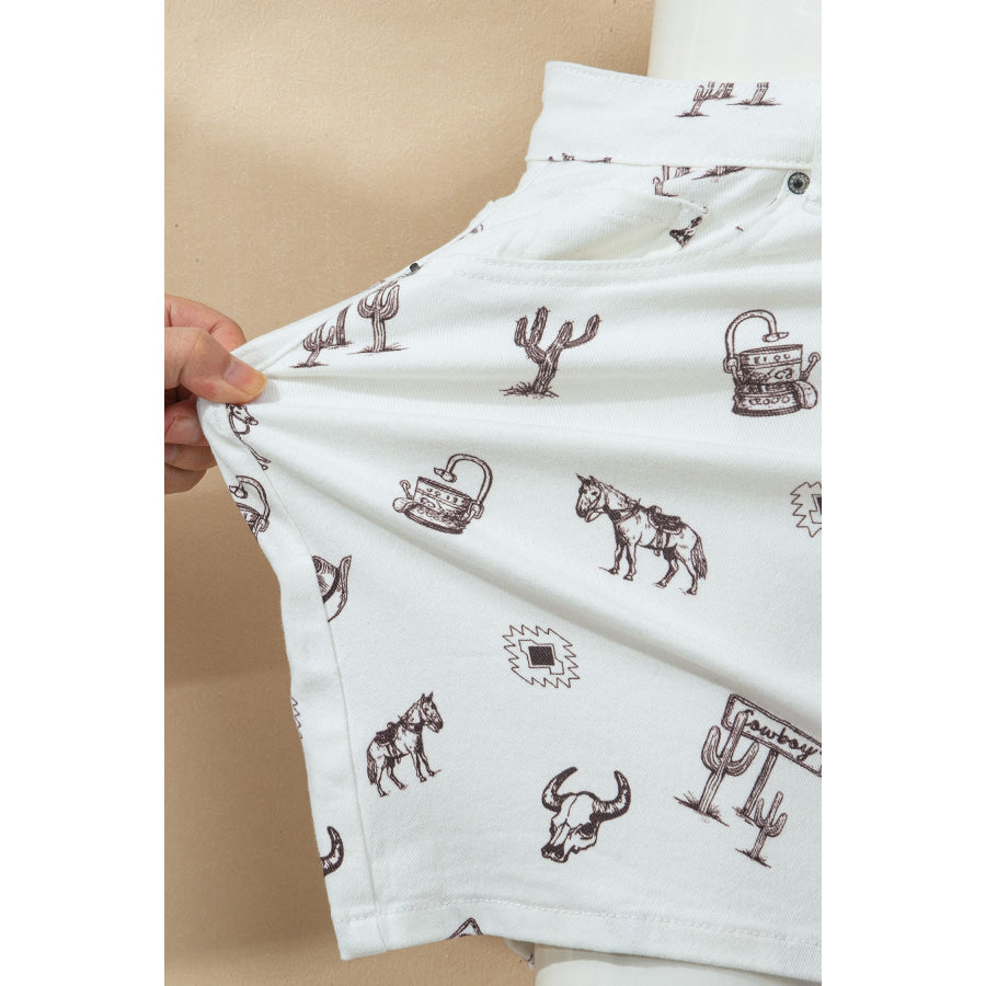 White Western Print Cactus Horse Bull Denim Skirt Bottoms/Skirts & Petticoat