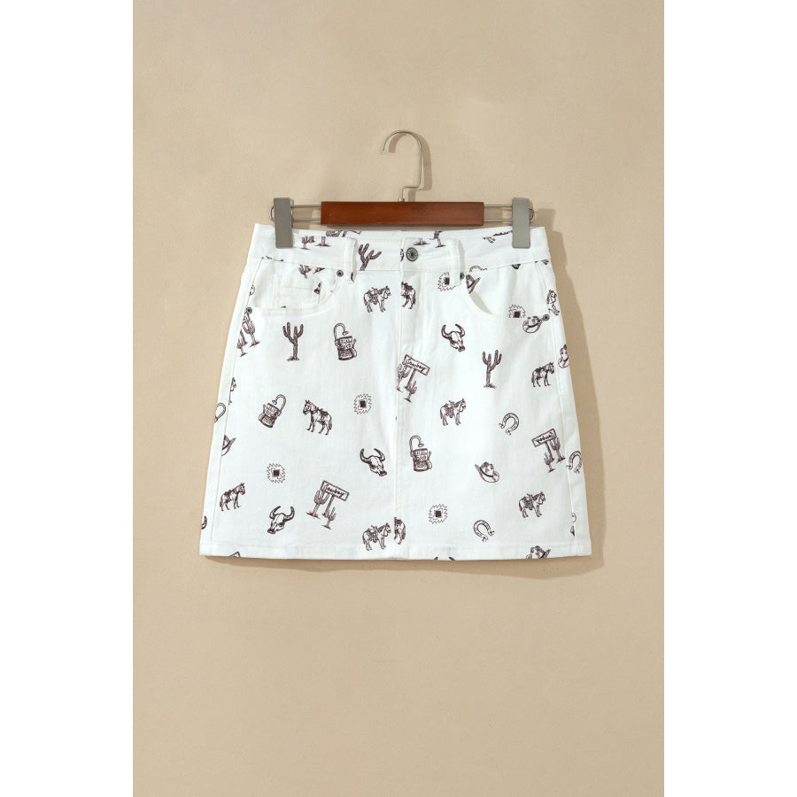 White Western Print Cactus Horse Bull Denim Skirt Bottoms/Skirts & Petticoat