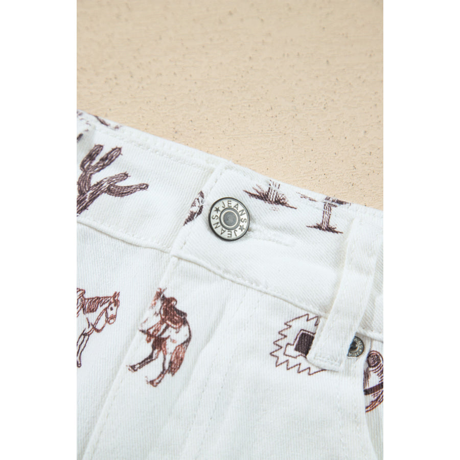 White Western Print Cactus Horse Bull Denim Skirt Bottoms/Skirts & Petticoat