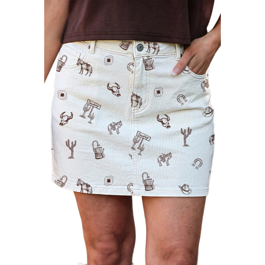 White Western Print Cactus Horse Bull Denim Skirt Bottoms/Skirts & Petticoat