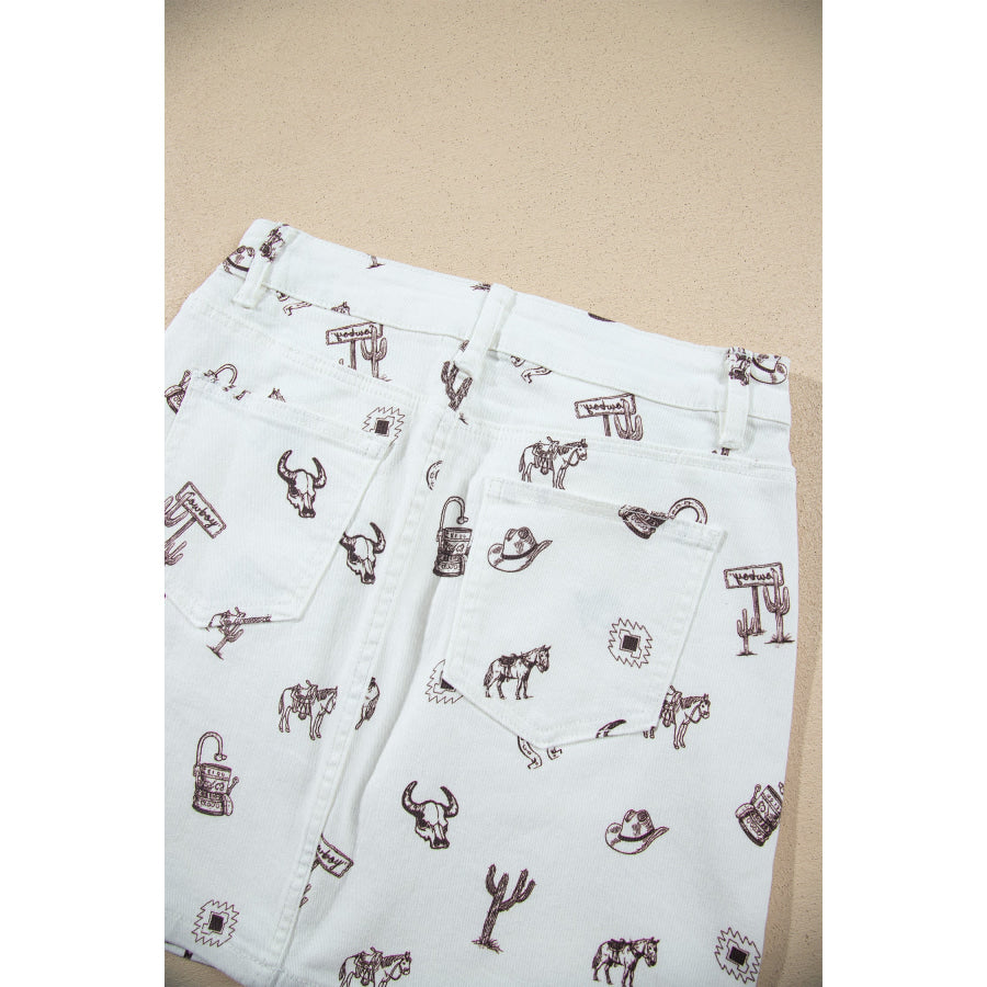 White Western Print Cactus Horse Bull Denim Skirt Bottoms/Skirts & Petticoat