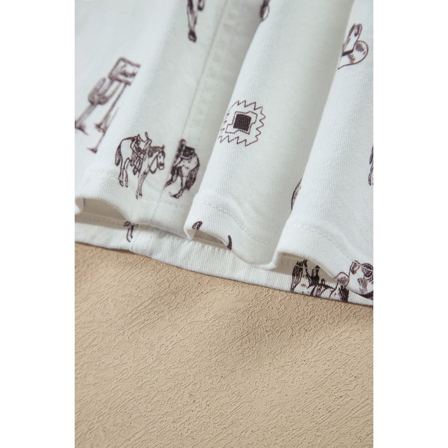 White Western Print Cactus Horse Bull Denim Skirt Bottoms/Skirts & Petticoat