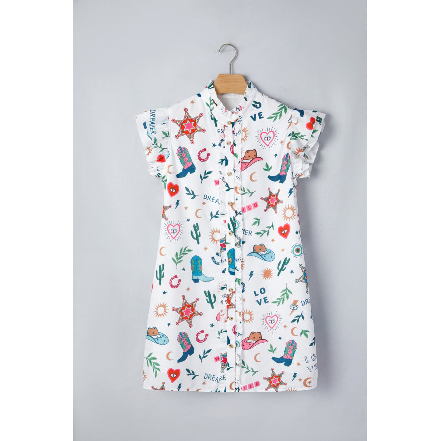 White Western Print Flutter Sleeve Button Down Mini Dress Dresses/Mini Dresses