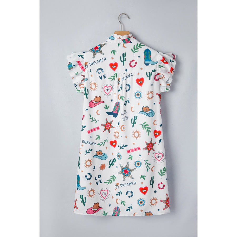 White Western Print Flutter Sleeve Button Down Mini Dress Dresses/Mini Dresses