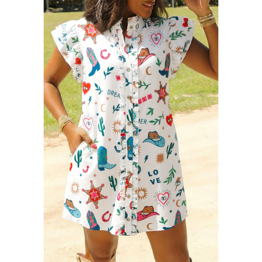 White Western Print Flutter Sleeve Button Down Mini Dress White / S / 100% Polyester Dresses/Mini Dresses
