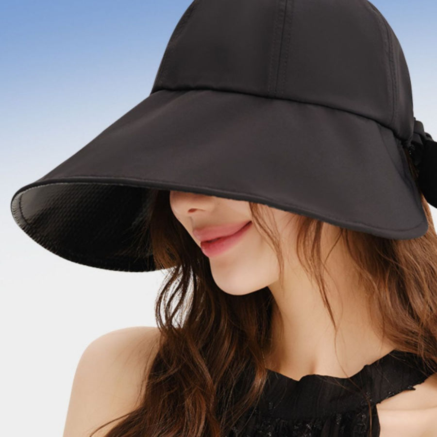 Wide Brim Sun Hat with Bowknot Black / One Size Apparel and Accessories