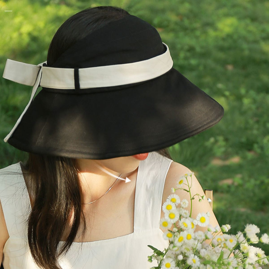 Wide Brim Sun Visor Hat with Ribbon Black / One Size Apparel and Accessories